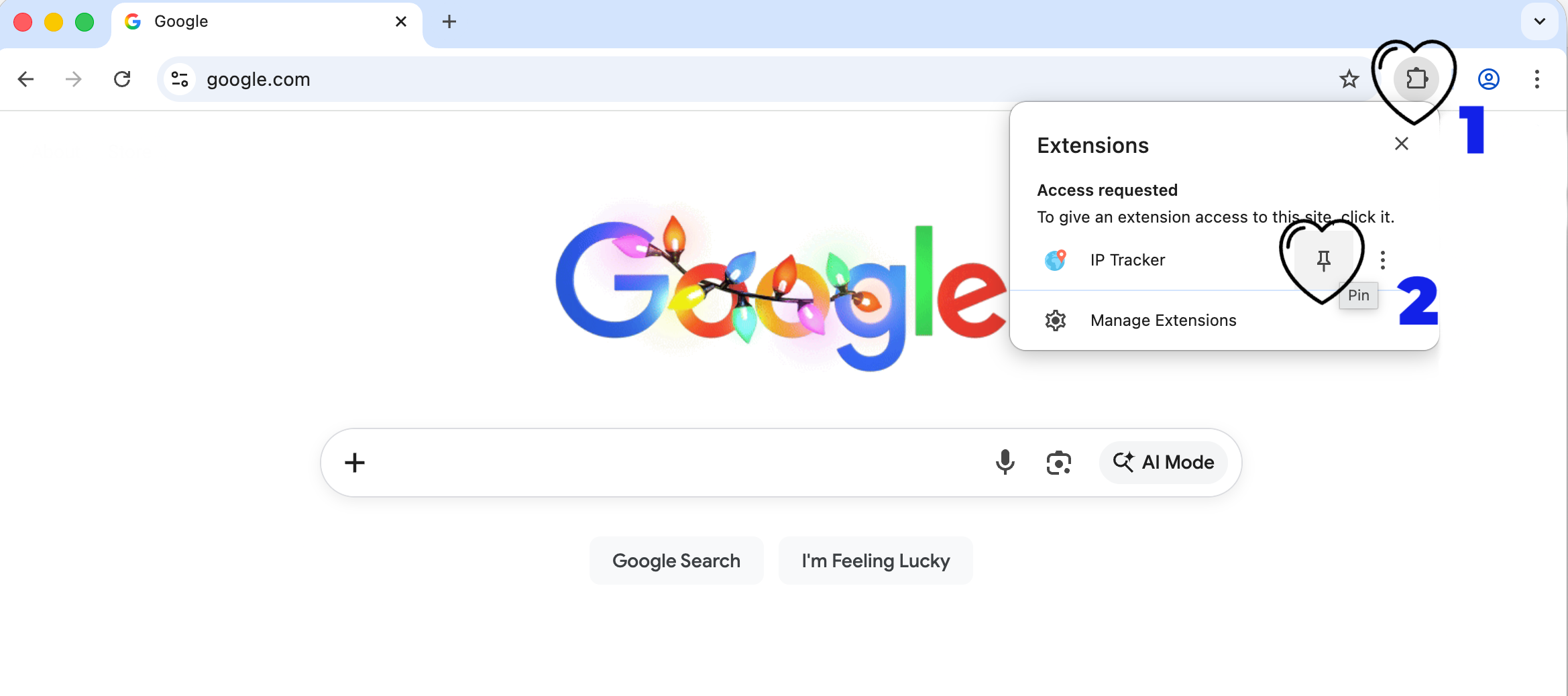 How to pin the IP Tracker extension in Chrome toolbar