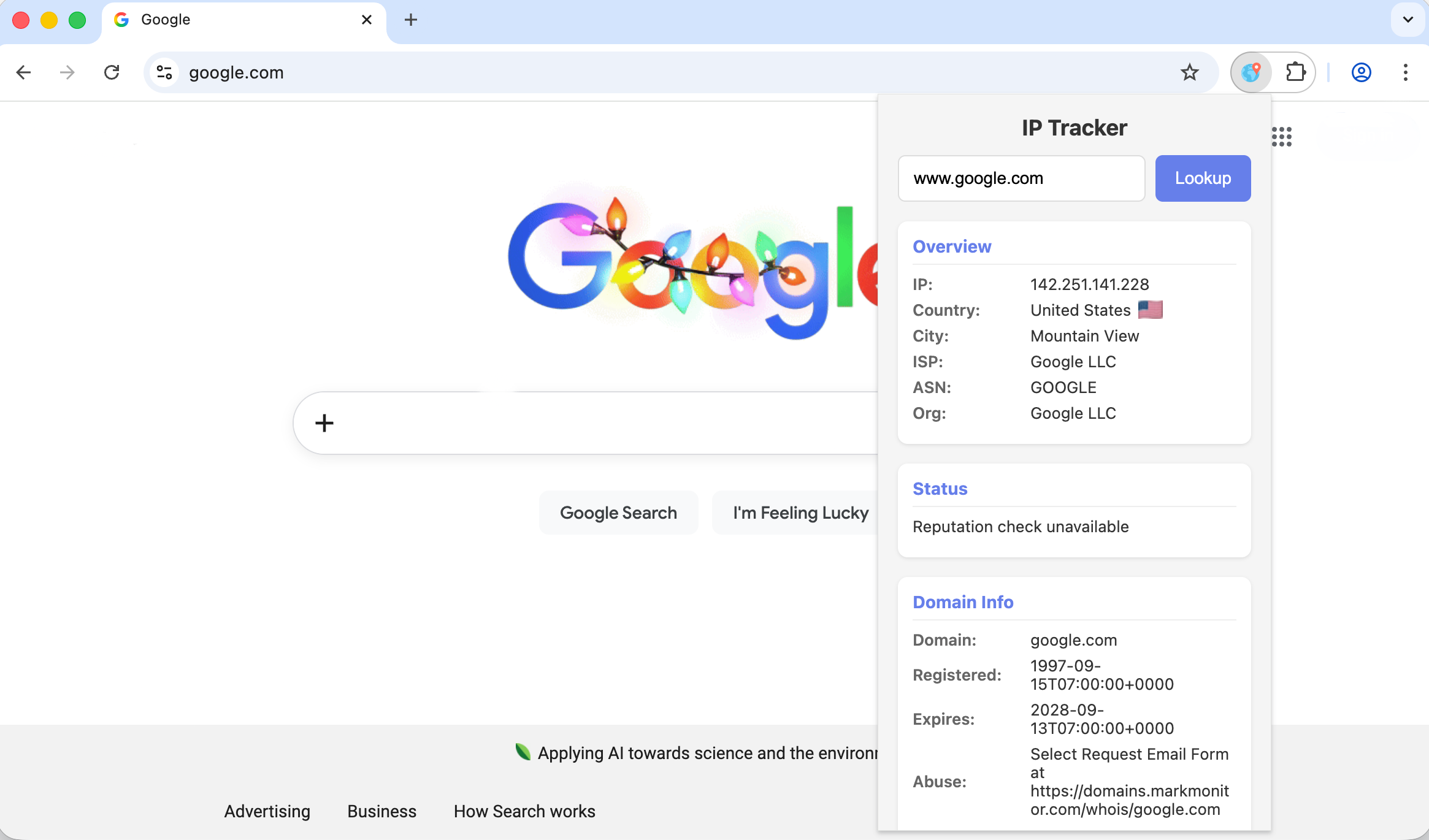 IP Tracker showing IP address details and geolocation